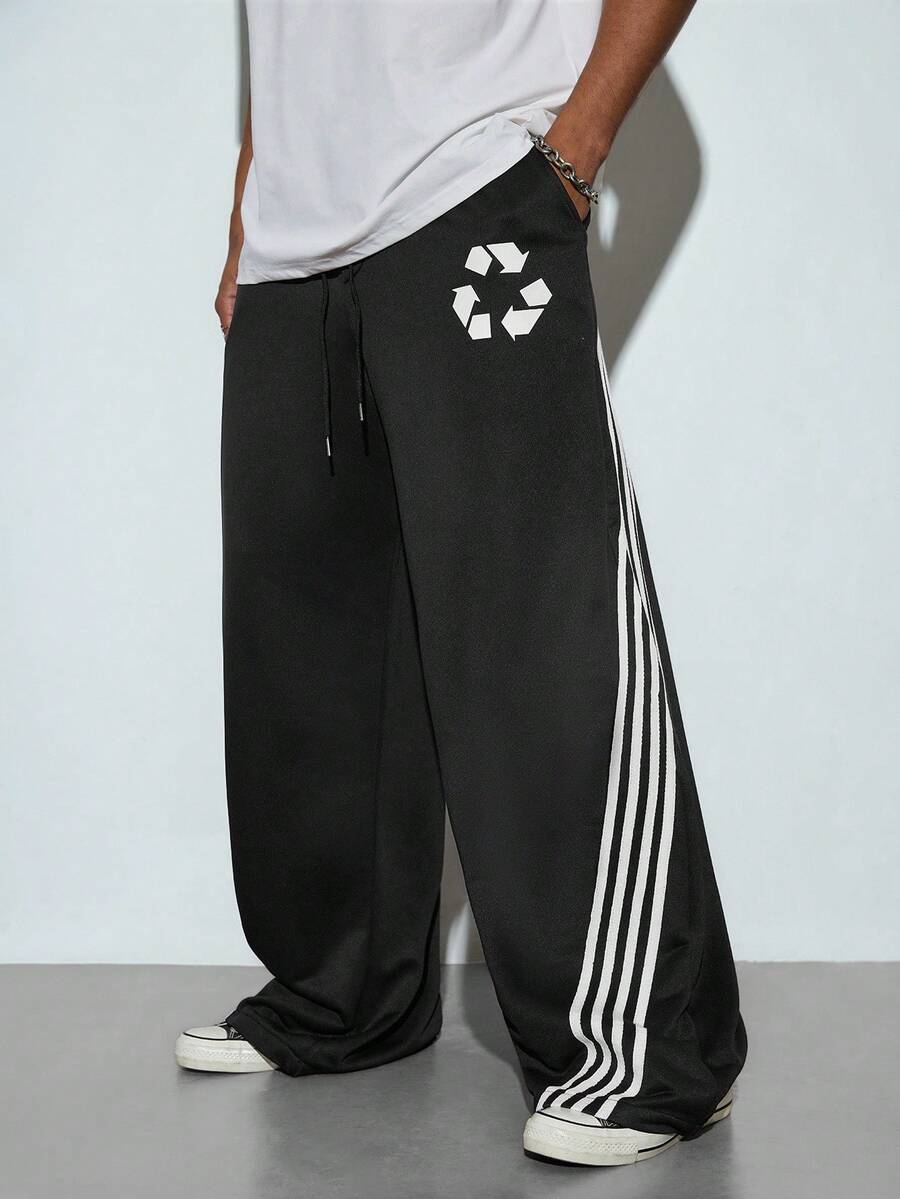Modcrash Comfortable Loose Striped Casual Sweatpants With Raw Edges, Relaxed Fit, Men's Loose Printed Drawstring Waist Sports Pants - Black - View 1