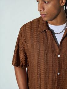 Modcrash Men's & Teenage Boys' Textured Short Sleeve Shirt, Boxy Cut Loose Casual Top, Versatile Summer Shirt - Coffee Brown - View 7