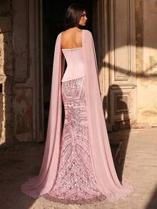 Aureia Đầm đuôi cá trễ vai phối ren đính sequin sang trọng thanh lịch, dây buộc điều chỉnh được, phù hợp cho hẹn hò, du lịch, tiệc độc thân, đám cưới và các dịp trang trọng - Hồng - Xem 2