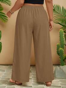 Travachic Pantalones anchos de unicolor casuales de talla grande - Café integral - Ver 2