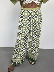 Maija 2pcs/Set Women Green And White Floral Print Long Sleeve Top And Wide Leg Pants,Summer Boho Holiday Vacation Outfits,Elegant Casual Work Office Attire - Multicolor - View 4