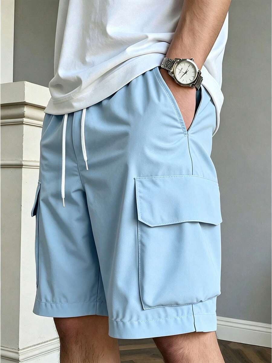Airaco Pantalones cortos cargo holgados con cordón en la cintura de unicolor para hombres - Celeste - Ver 1