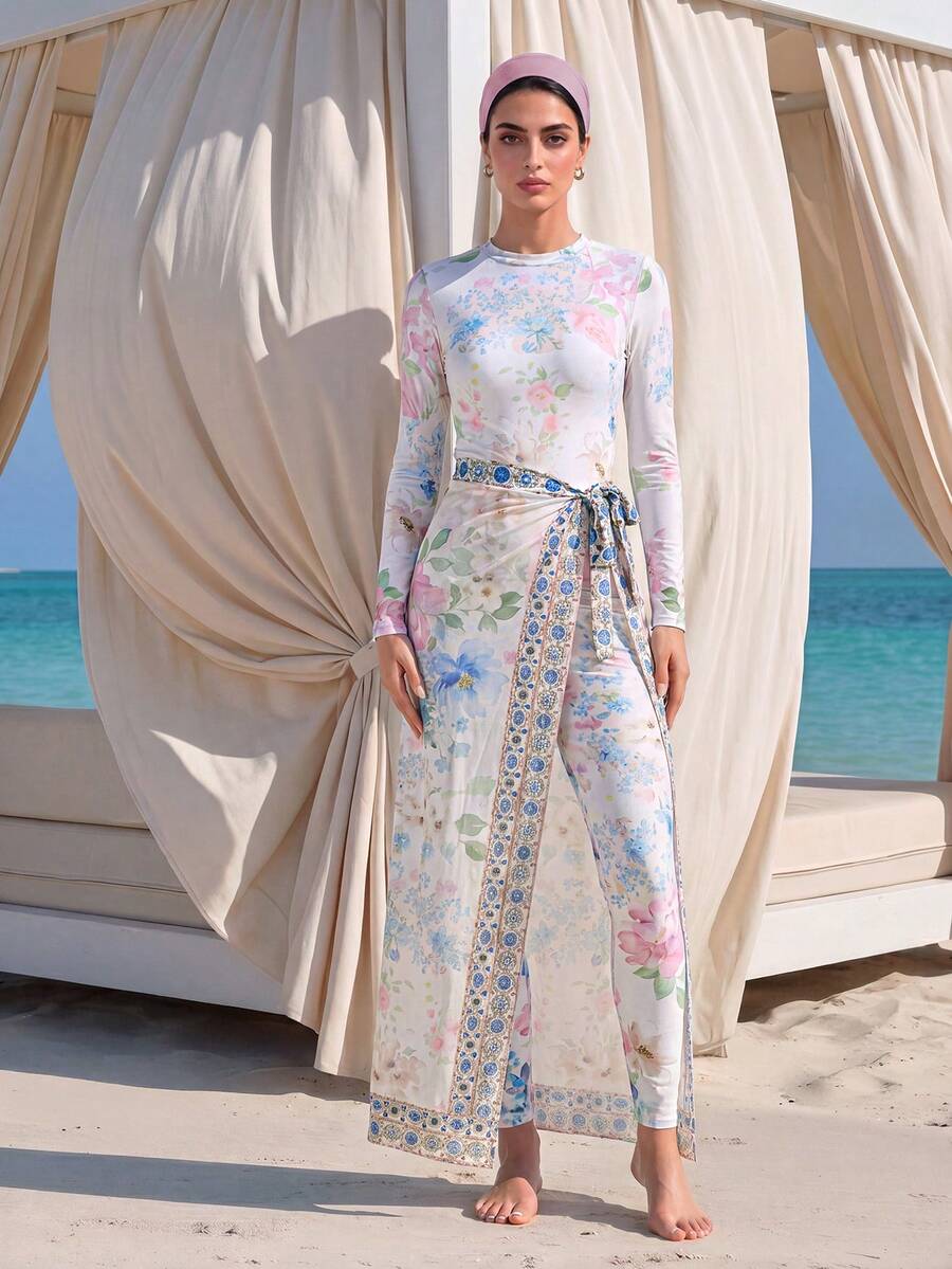 Veilorie High-End Floral Print Modest Romantic Burkini Bathing Suits For Women Beach Party White Summer - Multicolor - View 1