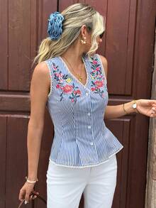 SHEIN PariChic Ins網紅最愛夏季法式鄉村風藍白條紋刺繡背心上衣，無袖V領前扣蕾絲飾邊收腰襯衫，波西米亞休閒花卉刺繡背心 - 藍白色 - 查看 4