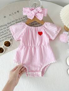 SHEIN Playful Pals 女嬰心形刺繡條紋可愛休閒連身褲 - 紅色 - 查看 1