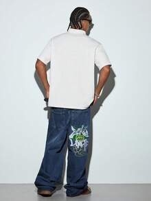Modcrash Grunge Goth Y2K 風格男士休閒刺繡寬鬆寬腿牛仔褲，百搭四季，時尚街頭風，適合聚會、戶外穿著，秋季/冬季 - 深色水洗藍 - 查看 8