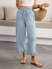 Breezaya Quần jean nữ eo dây rút có túi thiết kế gấu bèo nhún - Màu xanh lam - Xem 1