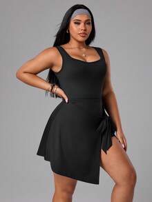 Easithlete Plus Size Women Casual Minimalist Spaghetti Strap Sexy Sports Dress, Spring/Summer Black - Black - View 4