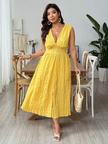 SHEIN LUNE CURVE Plus Size Women's Woven Regular Summer Lightweight Elegant Date Gym Comfortable V-Neck Sleeveless Cinched Waist Flared Hem Long Dress, Brown - Yellow - View 4