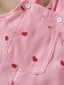 SHEIN Vintaside Kids 1件女嬰休閒可愛粉色愛心吊帶連身褲，適合外出與派對，燈芯絨面料 - 紅色 - 查看 4