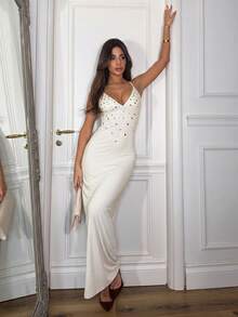 Ronhire Vestido ajustado elegante de unicolor con decoración de pedrería para mujer, fiesta de verano - Albaricoque - Ver 3