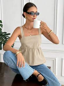 Serisse New Solid Color Backless Tie-Up Sleeveless Summer Ruffled Hem Camisole,Summer Top - Apricot - View 3