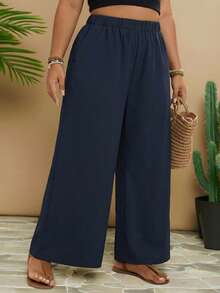 Travachic Plus Size Women Solid Color Loose High Waist Wide Leg Casual Pants - Navy Blue - View 4
