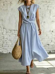 SHEIN Holidaya Women's Striped Round Neck Waist Twist Design Casual Dress - Blue - View 3