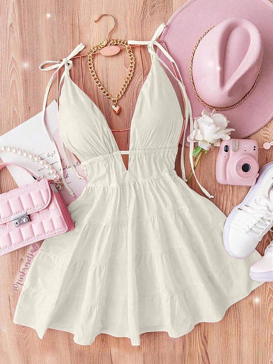 GlowEve Vestido sexy de mujer con hombros fruncidos y lazada de unicolor - Beis - Ver 1