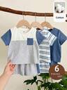 LMoss Kids 6pcs Baby Boy Knitted Solid Color Round Neck Striped Casual T-Shirt And Shorts Set