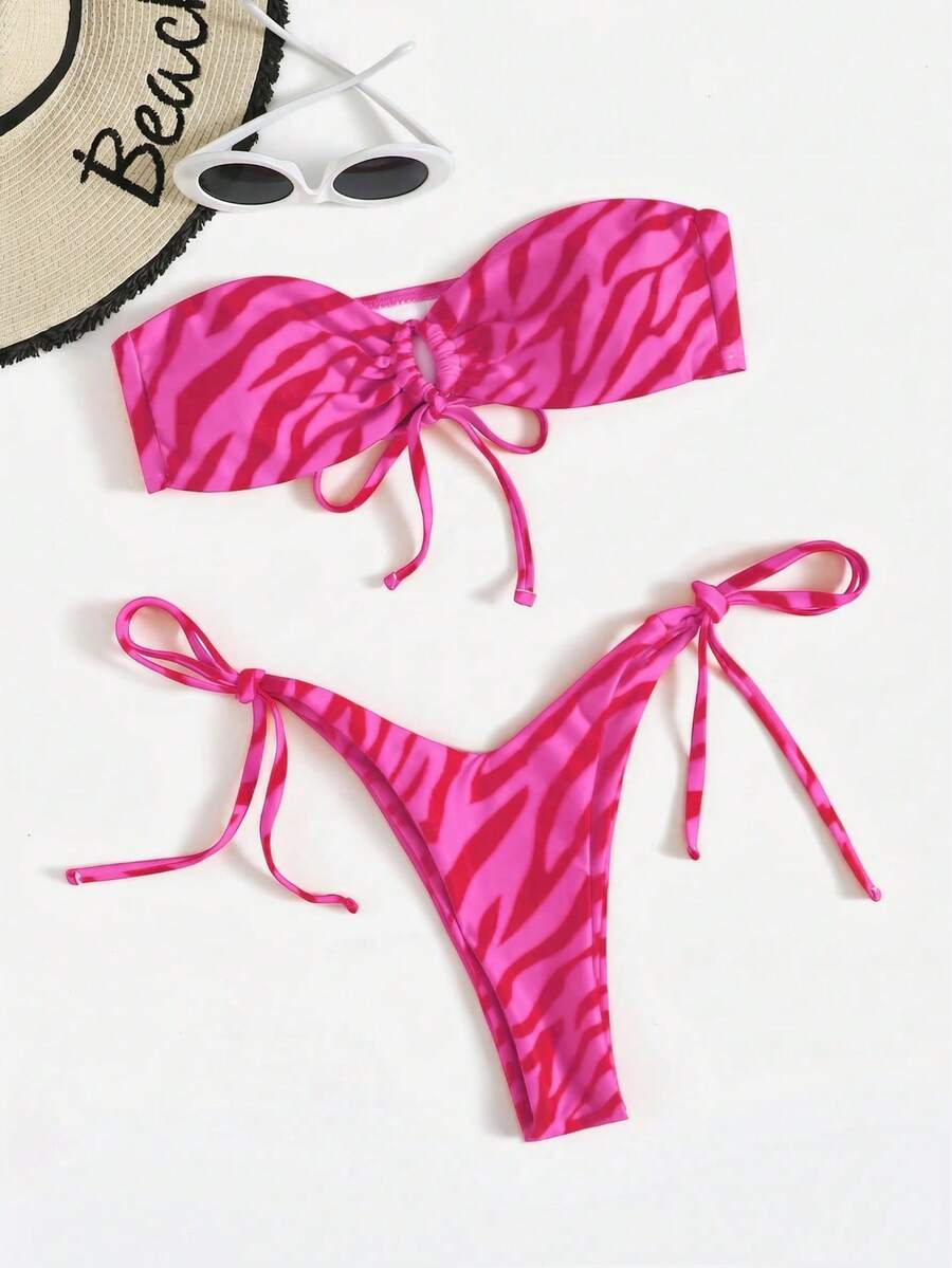 SHEIN Swim 女款夏季海灘斑馬紋性感比基尼三角泳褲泳衣套裝 - 粉色 - 查看 1