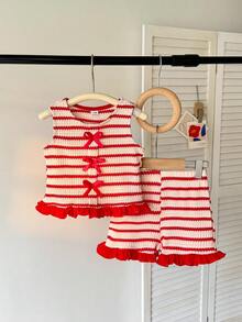 SHEIN Vintaside Kids 女嬰夏季蝴蝶結黑白荷葉邊套裝，圓領無袖上衣搭配同款短褲，甜美風格，輕量設計，適合戶外玩耍，舒適親友聚會 - 彩色 - 查看 3
