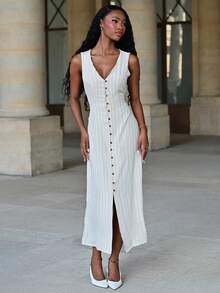 Mima John Women's Dresses Linen Dresses Tie Back Waist Button Placket Striped Dress Vest Dress Boho Holiday Women's Sleeveless Striped Dress Casual Summer - Apricot - View 1