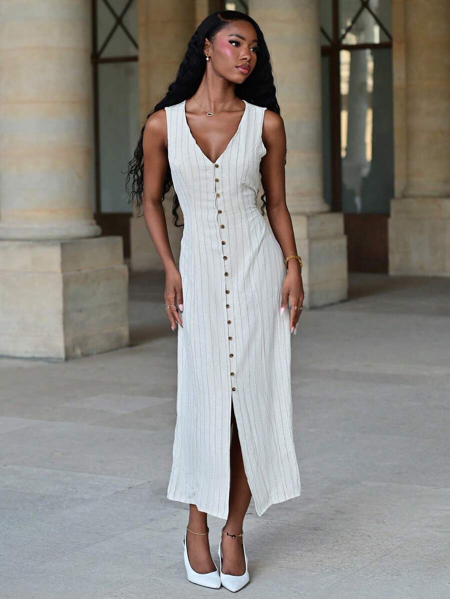 Mima John Women's Dresses Linen Dresses Tie Back Waist Button Placket Striped Dress Vest Dress Boho Holiday Women's Sleeveless Striped Dress Casual Summer - Apricot - View 1
