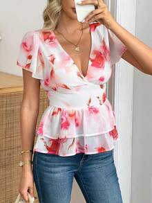 RosyDaze French Elegant Rose Print V-Neck Flutter Sleeve Blouse - Summer Waist-Cinched Slim Double Ruffle Hem Top Vacation White Floral - Pink - View 5