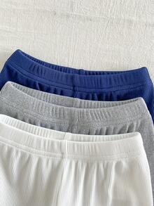 SHEIN 新生兒男嬰女嬰 3件組 灰色、白色、藍色三色彈性腰頭熊貼布可愛休閒街頭運動收口長褲 - 彩色 - 查看 3