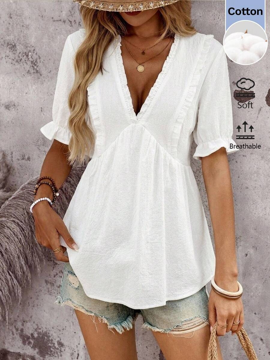 EMERY ROSE 女款夏季度假上衣，鄉村音樂會白色波希米亞風 - 白色 - 查看 1