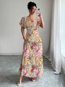 Modelyn 女士短袖中长连衣裙，女士短袖数码印花收腰连衣裙，单肩荷叶边下摆，优雅美丽，尽显迷人风采，时尚优雅，Y2K涤纶面料，适合外出、节日、派对等场合。女士夏季连衣裙，适合约会、派对、度假穿着。女士连衣裙，印花连衣裙，沙滩度假连衣裙 - 彩色 - 查看 6