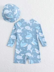 SHEIN Infant/Baby BoyWhale Print Long Sleeve Rash Guard Swimsuit With Sun Protection Wide Brim Hat - Dusty Blue - View 2