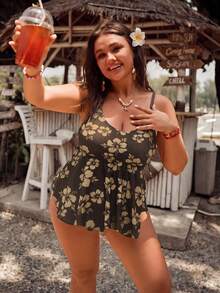 SHEIN Swim 大尺碼女款兩件式碎花細肩帶開衩泳衣 優雅海灘派對度假分體式比基尼 黃色祖母綠 夏季 - 咖啡棕 - 查看 1