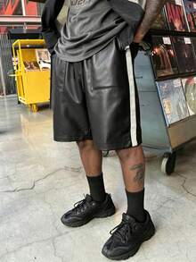 Manfinity Hypemode Men's Black PU Shorts, Side Tape Design, Fashion Versatile Casual Bermuda Shorts, Holiday - Black - View 4
