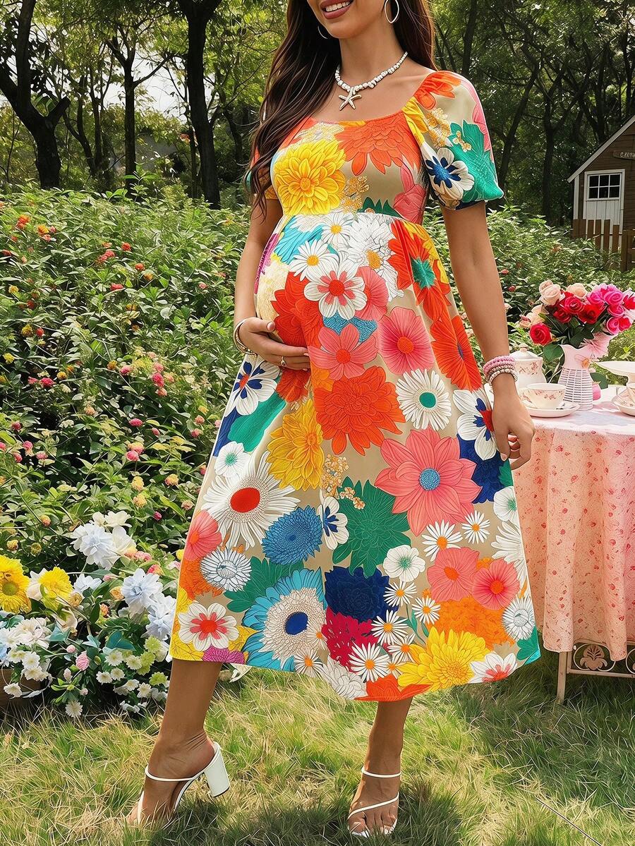 SHEIN Maternity Floral Print Puff Sleeve Casual Maternity Dress For Vacation Photoshoot Summer - Multicolor - View 1