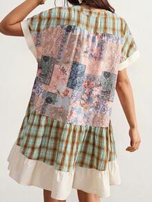 Bohemela Women's Patchwork Plaid Cashew Pattern Loose Casual Mini Dress - Multicolor - View 1