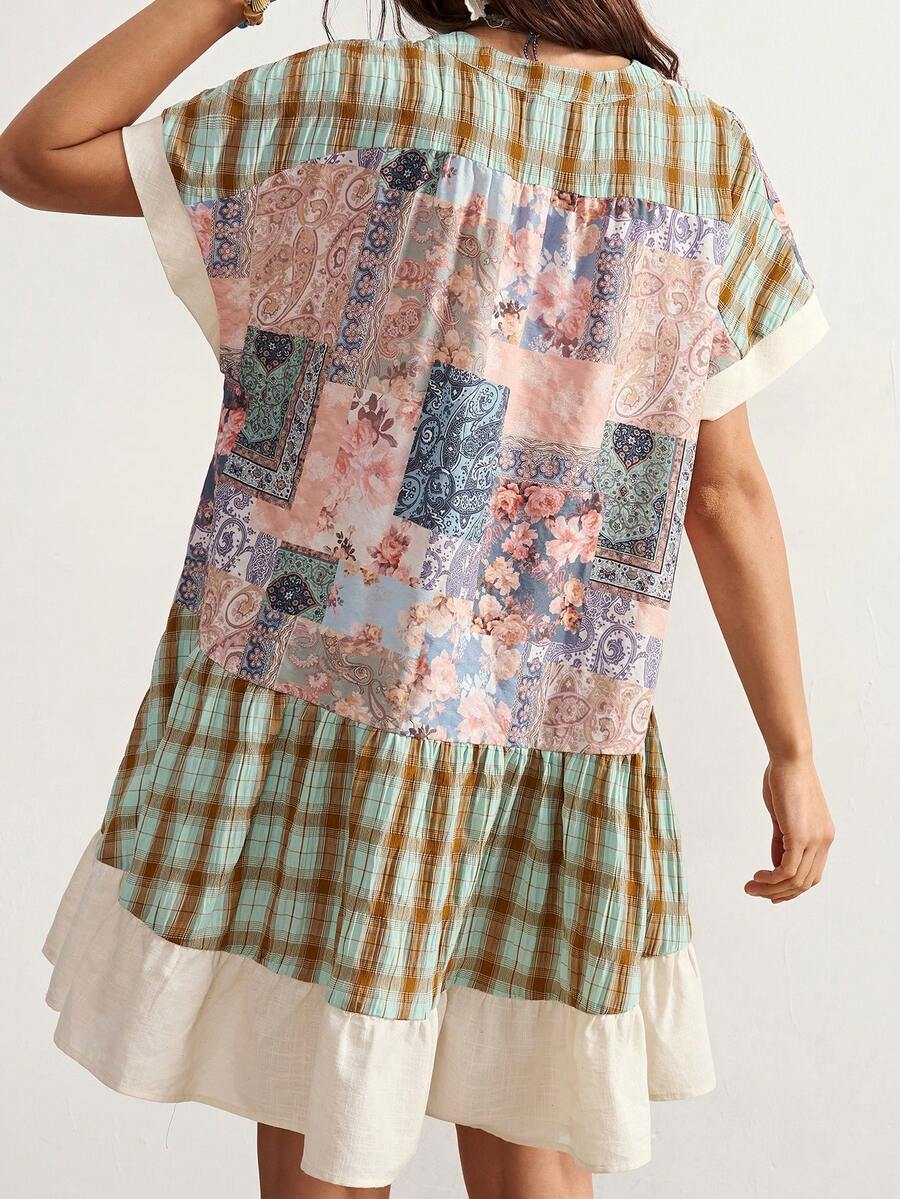 Bohemela Women's Patchwork Plaid Cashew Pattern Loose Casual Mini Dress - Multicolor - View 1