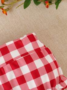 SHEIN 3pcs Baby Summer Red Plaid Romper Set: Ribbed Cap Sleeve Blouse With Bow + Ruffle Trim Bloomers + Headband - Red - View 8