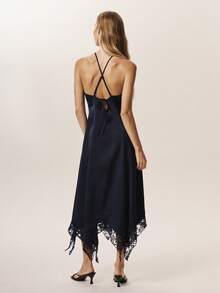 Willow Rêve Navy Blue Satin Asymmetrical Lace Back Tie Waist Dress - Navy Blue - View 2