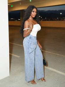 Slaydiva Women's 2 In 1 Design Wide Leg Loose Casual Sexy Jeans Swimming Pastal Summer - Blue - View 4