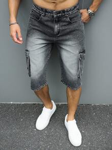 Manfinity Homme Pantalones cortos de mezclilla con bolsillos y botones, pierna ancha, hasta la rodilla, para hombres, vacaciones - Gris - Ver 4