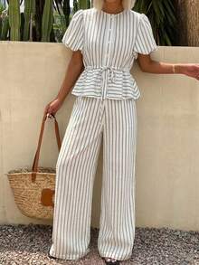 Livesso Round Neck Off-White Puff Sleeve Crop Top And Casual Coastal Hawaiian Pants 2 Pieces Set Suitable For Party Vacation Beach Party Beach Holiday Summer - Black - View 1