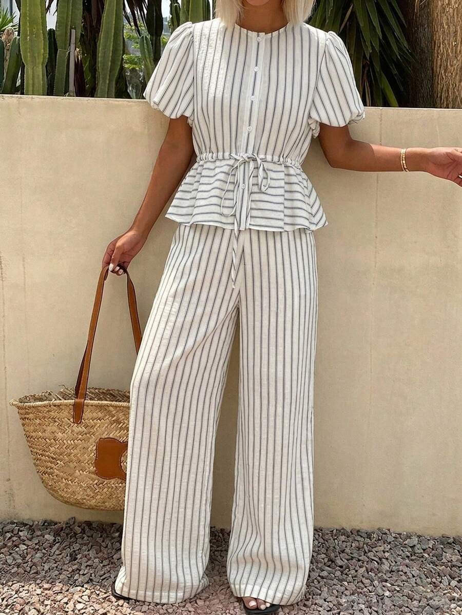 Livesso Round Neck Off-White Puff Sleeve Crop Top And Casual Coastal Hawaiian Pants 2 Pieces Set Suitable For Party Vacation Beach Party Beach Holiday Summer - Black - View 1