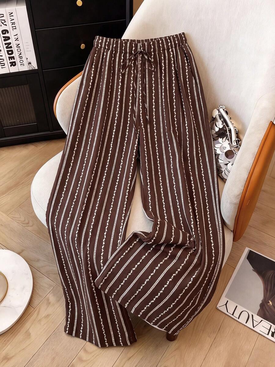 Franclia Plus Size Vacation Casual Striped Loose Pants Fall - Brown - View 1