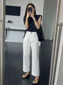 DAZY Women's Solid Color Pocket Button Casual Versatile Daily Wear Pants - White - View 3
