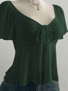 Elamini Atasan Kasual Serbaguna Wanita Model French Style Warna Putih Murni Rajut Jacquard dengan Tali Serut dan Leher V - Dark Green - View 4
