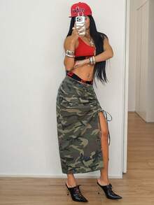SHEIN Women's Camouflage Side Drawstring Split Hem Fashion Denim Skirt - Multicolor - View 4
