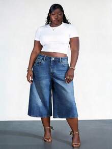 CurvyTilda Plus-Size Denim Bermuda Shorts, High-Waisted Wide-Leg Pants With Comfortable Elastic Waistband Casual - Medium Wash - View 1