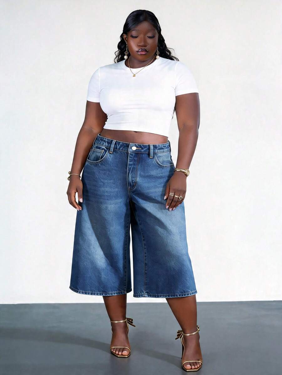 CurvyTilda Plus-Size Denim Bermuda Shorts, High-Waisted Wide-Leg Pants With Comfortable Elastic Waistband Casual - Medium Wash - View 1