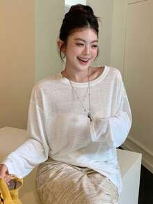Dazy Plus 寬鬆蕾絲拼接鏤空短袖T恤，新款高端大尺碼百搭女上衣，大尺碼，春/夏 - 白色 - 查看 9
