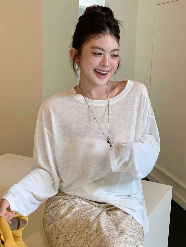 Dazy Plus Loose Lace Patchwork Hollow Out Short Sleeve T-Shirt, New Arrival High-End Plus Size Versatile Top For Women, Plus Size, Spring/Summer
