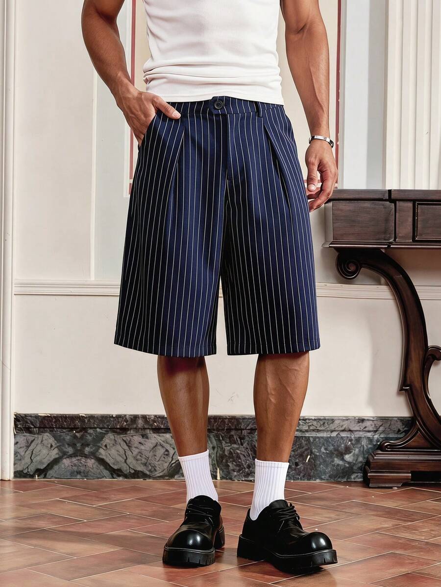 SWAVVY Men's Striped Pleated Loose Casual Shorts - Blue - View 1
