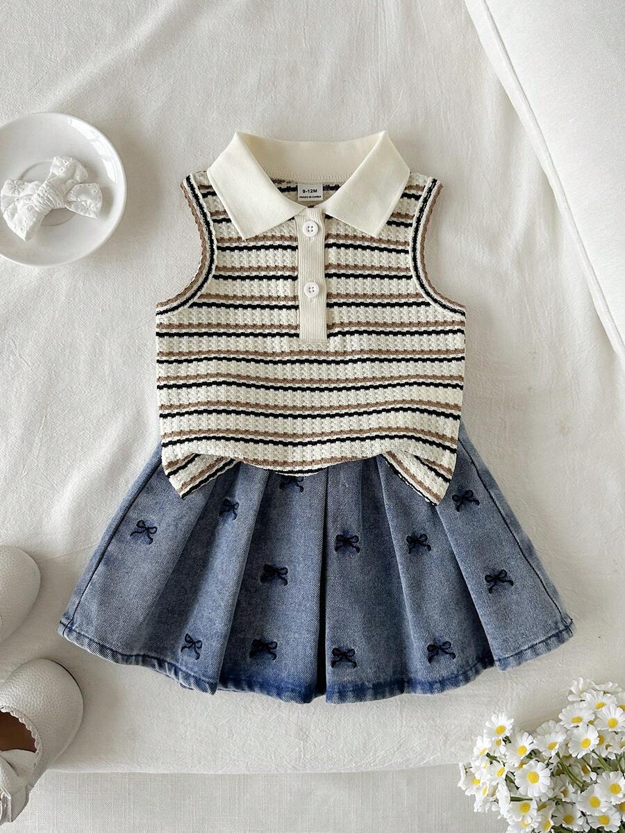 Vintaside Kids 女嬰短袖無袖套裝,象牙色上衣 + 淺藍色牛仔裙。上衣為無袖彈性針織 Polo 領設計,胸前飾有粉色蝴蝶結刺繡。裙子為淺色水洗牛仔裙,飾有白色刺繡蝴蝶結裝飾。整體風格甜美可愛,適合夏季穿著、日常外出、幼兒園、派對及家庭休閒場合。 - 卡其色 - 查看 1